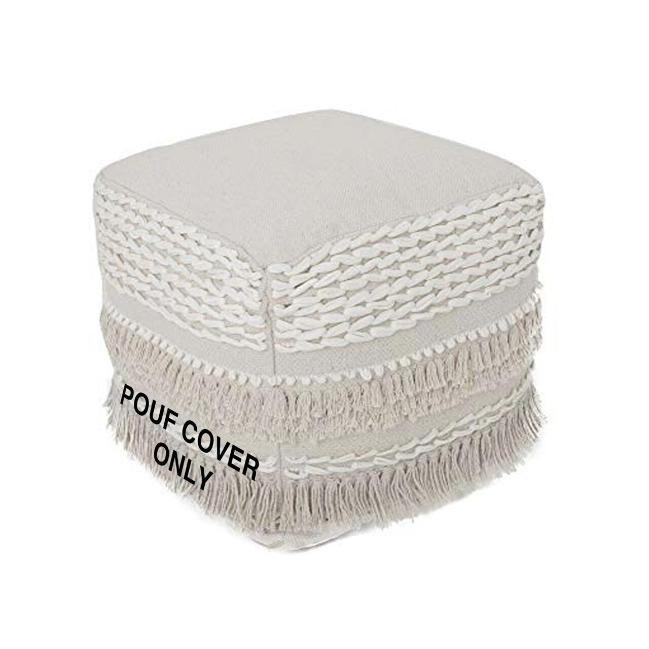 Edge Collections-White-Handcrafted Boho Pouf Ottoman Cover for Versatile Seating-1 pcs